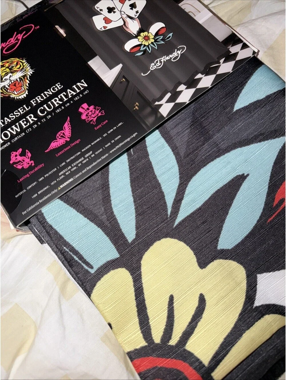 Ed Hardy Satin Black Graphic Dice Print Tassle Shower Curtain NWT